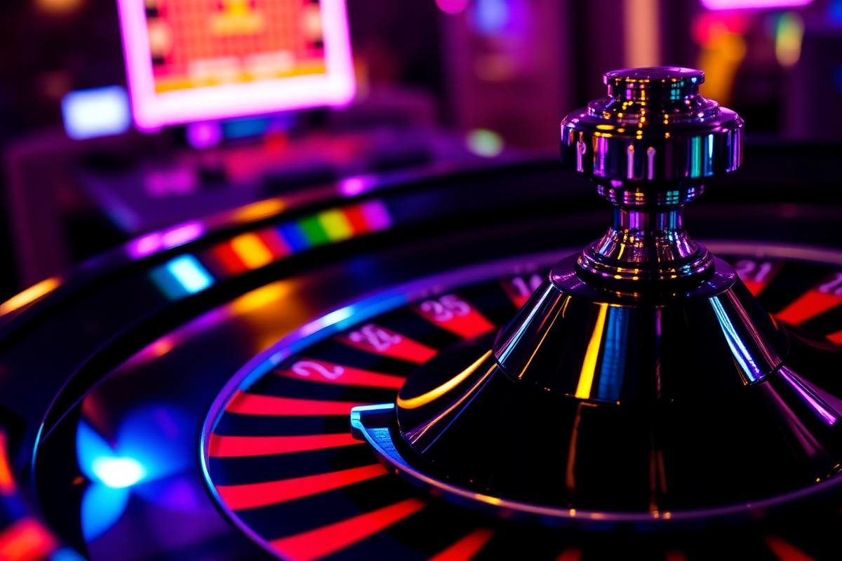 Mesa de ruleta en un casino con luces neón violeta y cian
